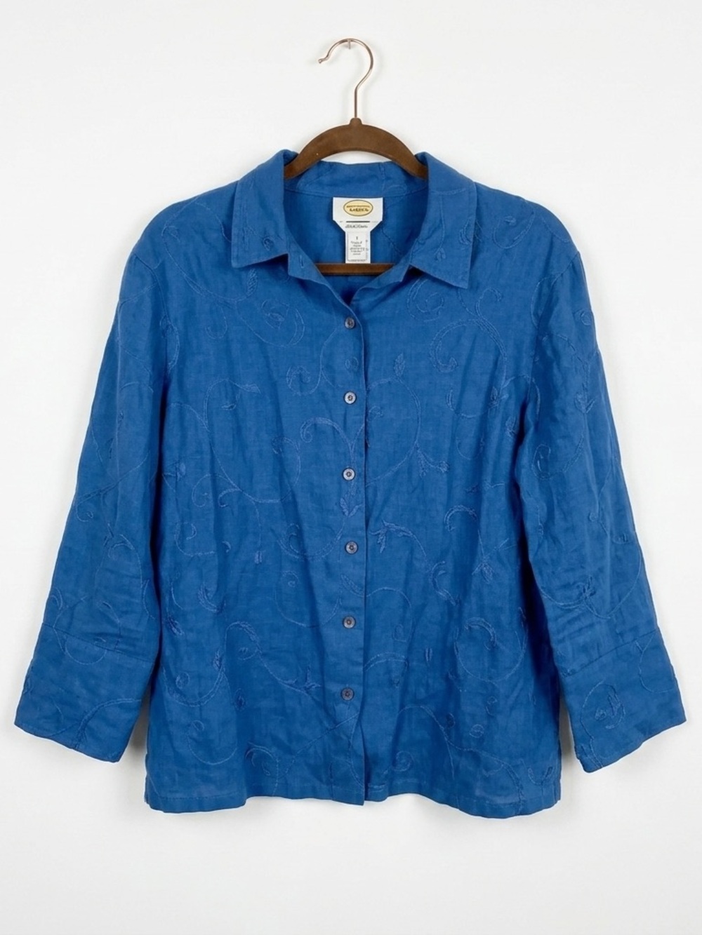 Talbots Irish Linen Embroidered‎ Button Down Shirt Blue Floral Size Small